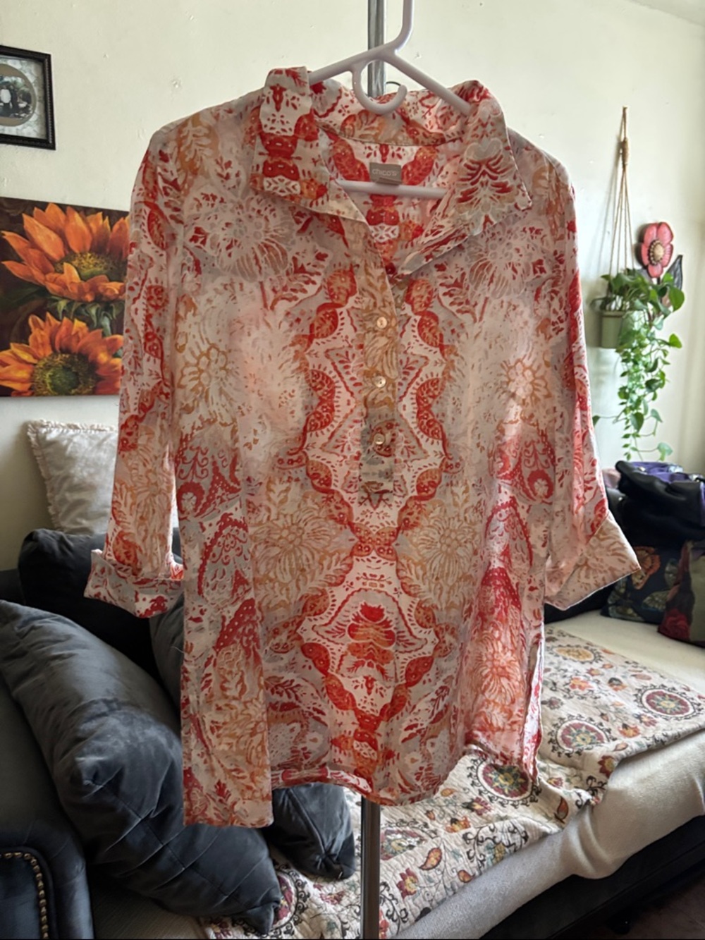 Linen Coral White Paisley Floral Popover 3/4 Sleeve Top Size M (1P)